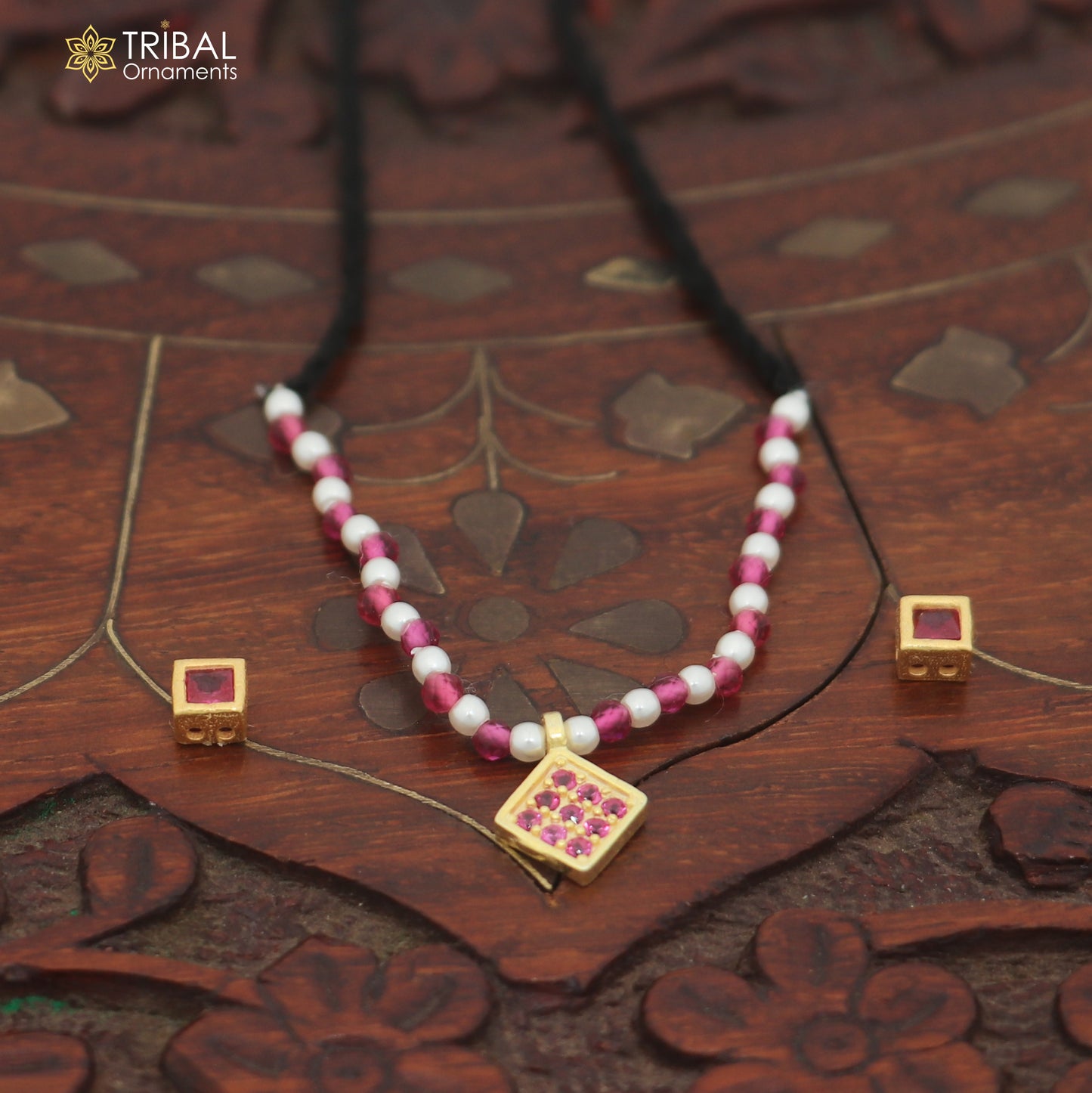 925 sterling silver pearl and pink stone necklace for idols or god statues gold polished jewelry set903