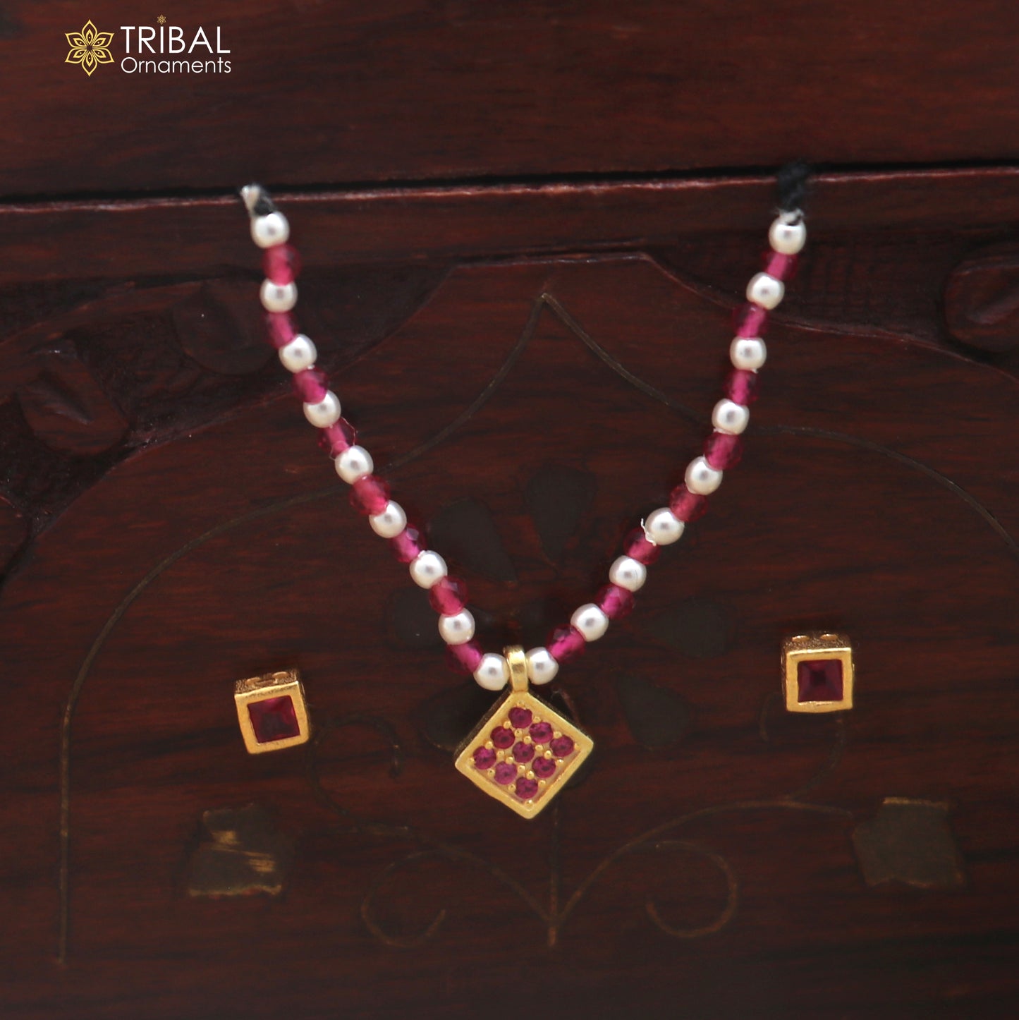 925 sterling silver pearl and pink stone necklace for idols or god statues gold polished jewelry set903