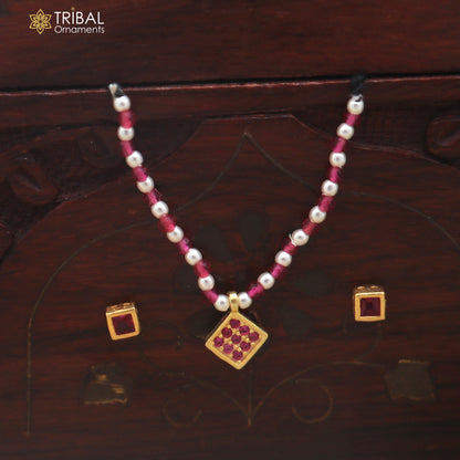 925 sterling silver pearl and pink stone necklace for idols or god statues gold polished jewelry set903