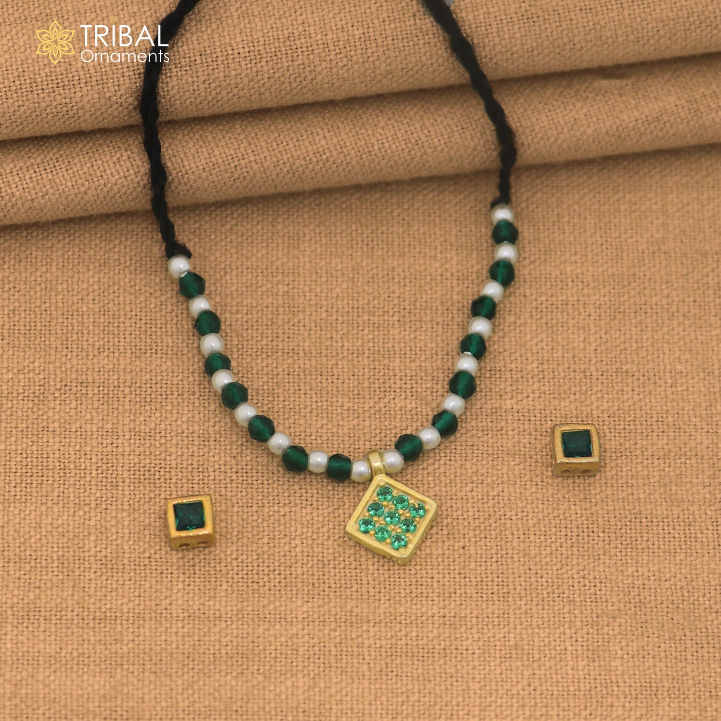 925 sterling silver pearl and green stone necklace for idols or god statues gold polished jewelry set904