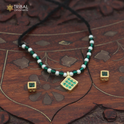 925 sterling silver pearl and green stone necklace for idols or god statues gold polished jewelry set904
