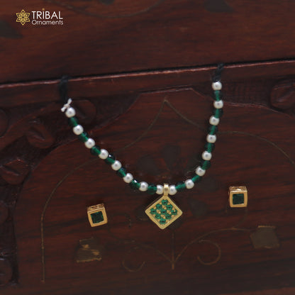 925 sterling silver pearl and green stone necklace for idols or god statues gold polished jewelry set904
