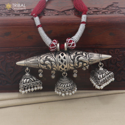 925 sterling silver chitai work drop dangle amulet style thread (dori) necklace traditional jewelry set911