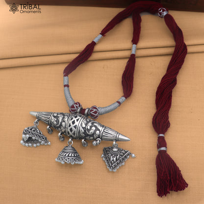 925 sterling silver chitai work drop dangle amulet style thread (dori) necklace traditional jewelry set911