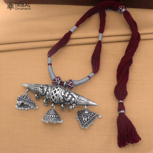 925 sterling silver chitai work drop dangle amulet style thread (dori) necklace traditional jewelry set911