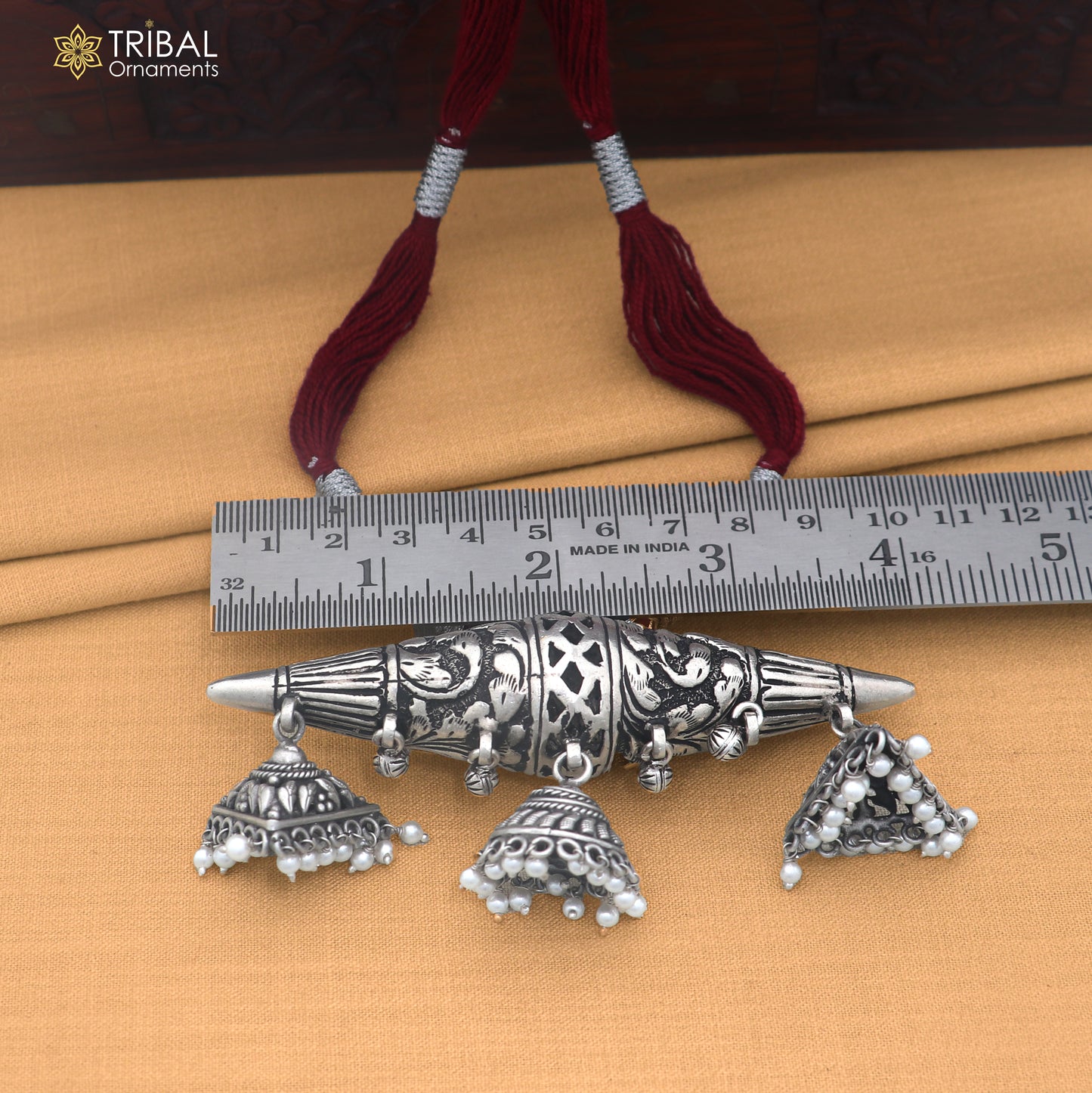 925 sterling silver chitai work drop dangle amulet style thread (dori) necklace traditional jewelry set911