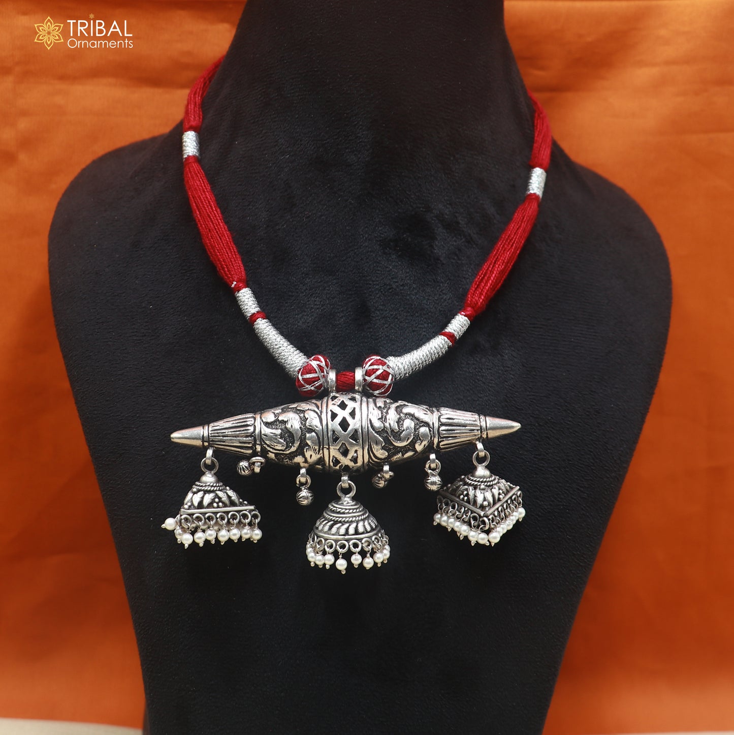 925 sterling silver chitai work drop dangle amulet style thread (dori) necklace traditional jewelry set911