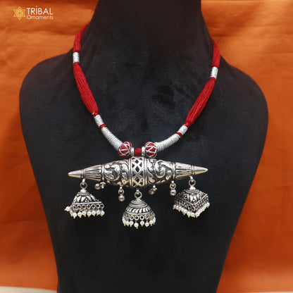 925 sterling silver chitai work drop dangle amulet style thread (dori) necklace traditional jewelry set911