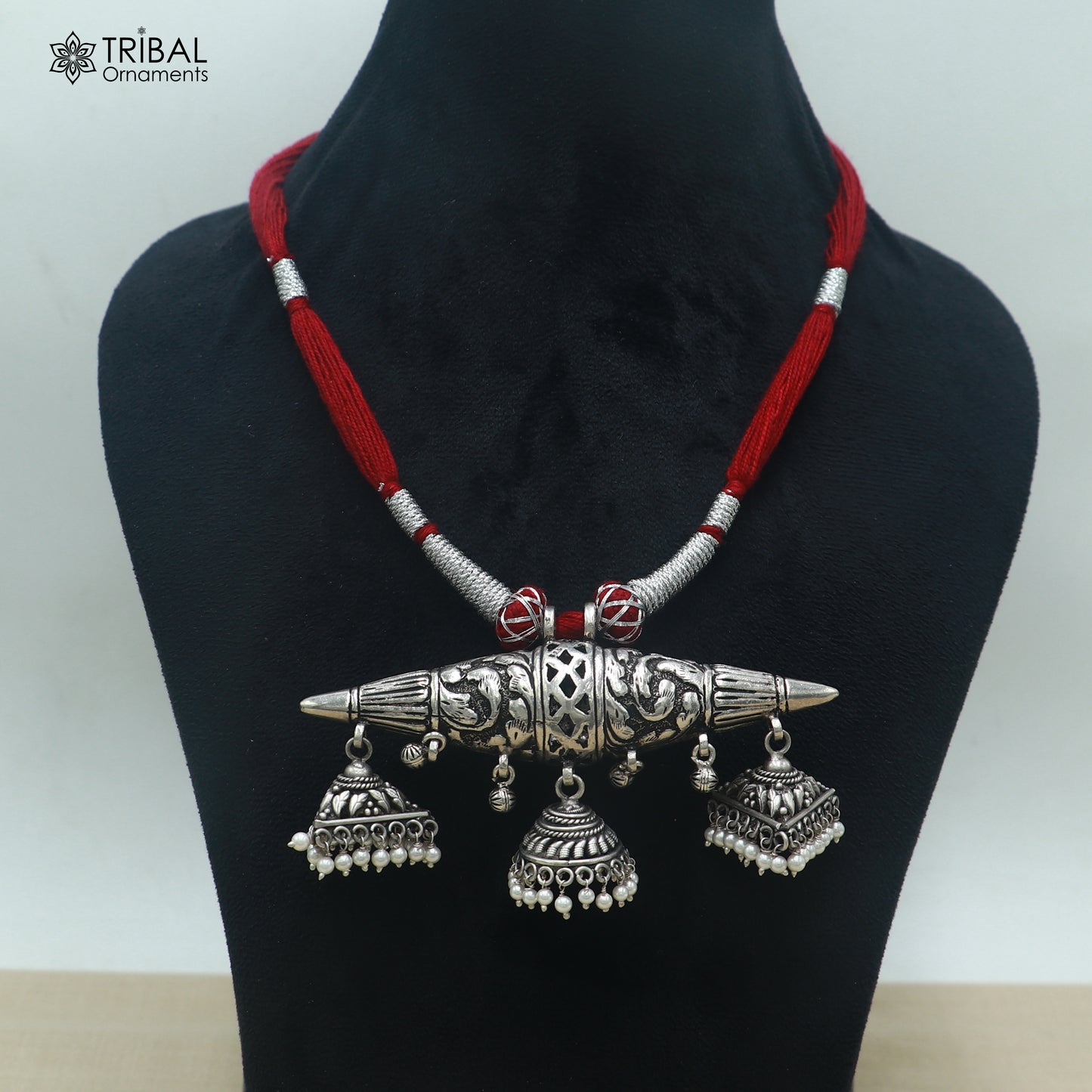 925 sterling silver chitai work drop dangle amulet style thread (dori) necklace traditional jewelry set911