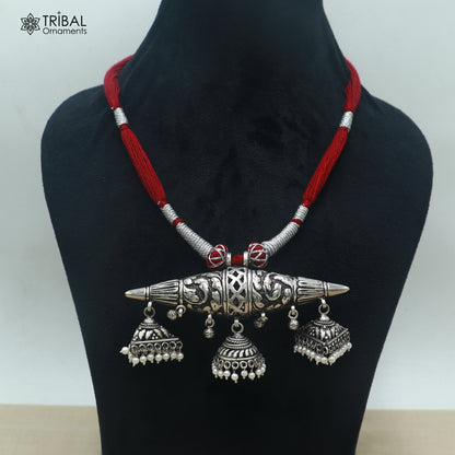 925 sterling silver chitai work drop dangle amulet style thread (dori) necklace traditional jewelry set911