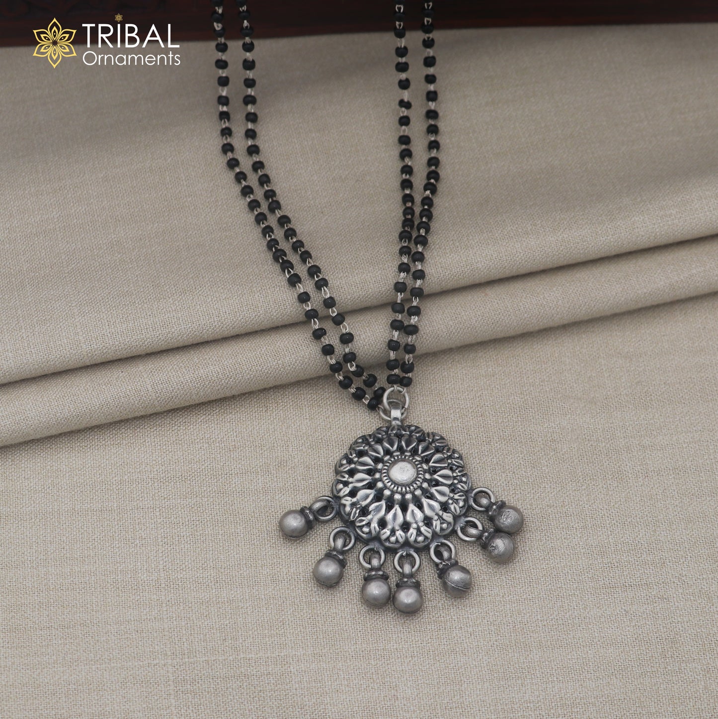 925 sterling silver vintage style pendant with black beads mangalsutra set912