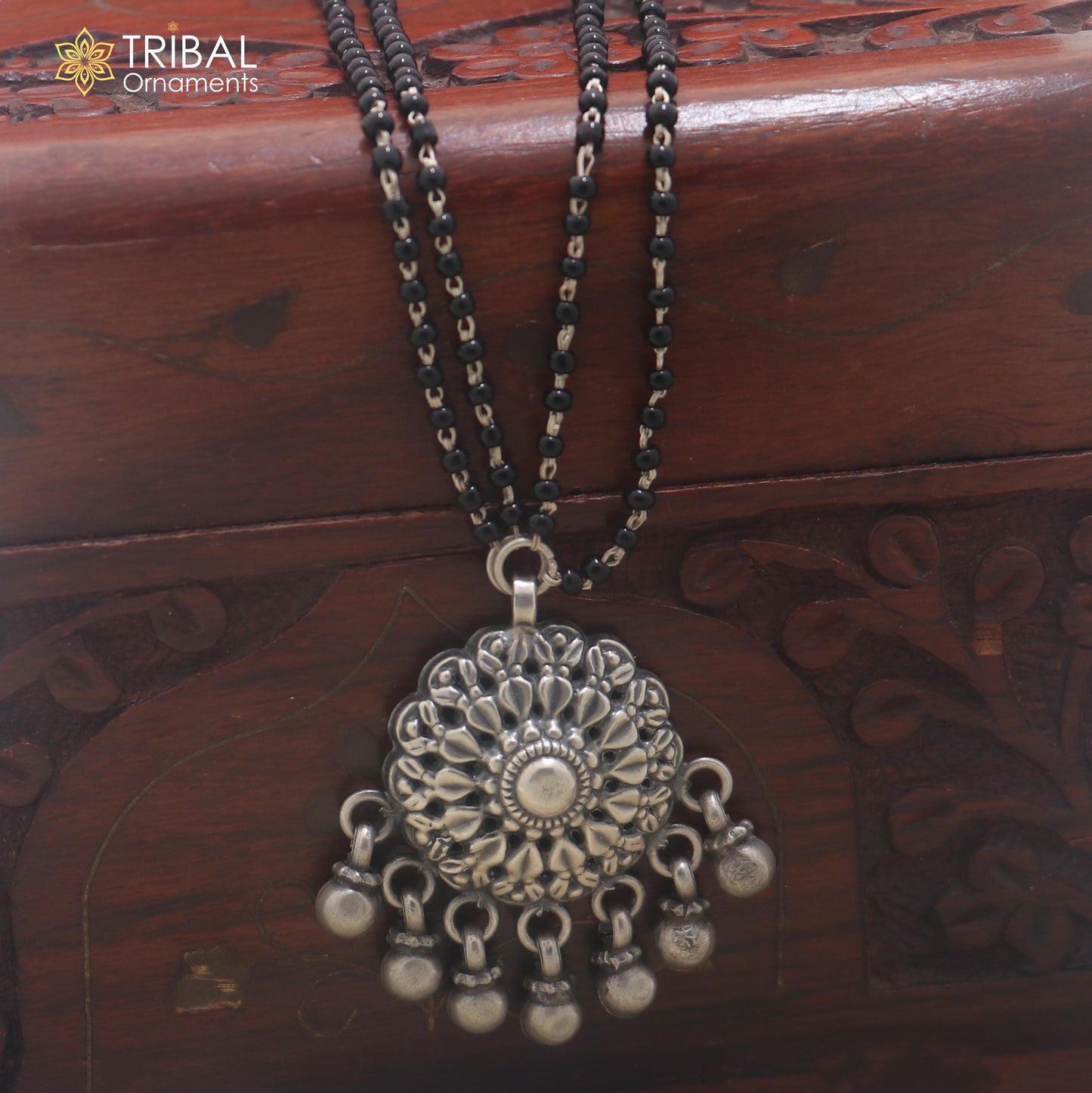 925 sterling silver vintage style pendant with black beads mangalsutra set912