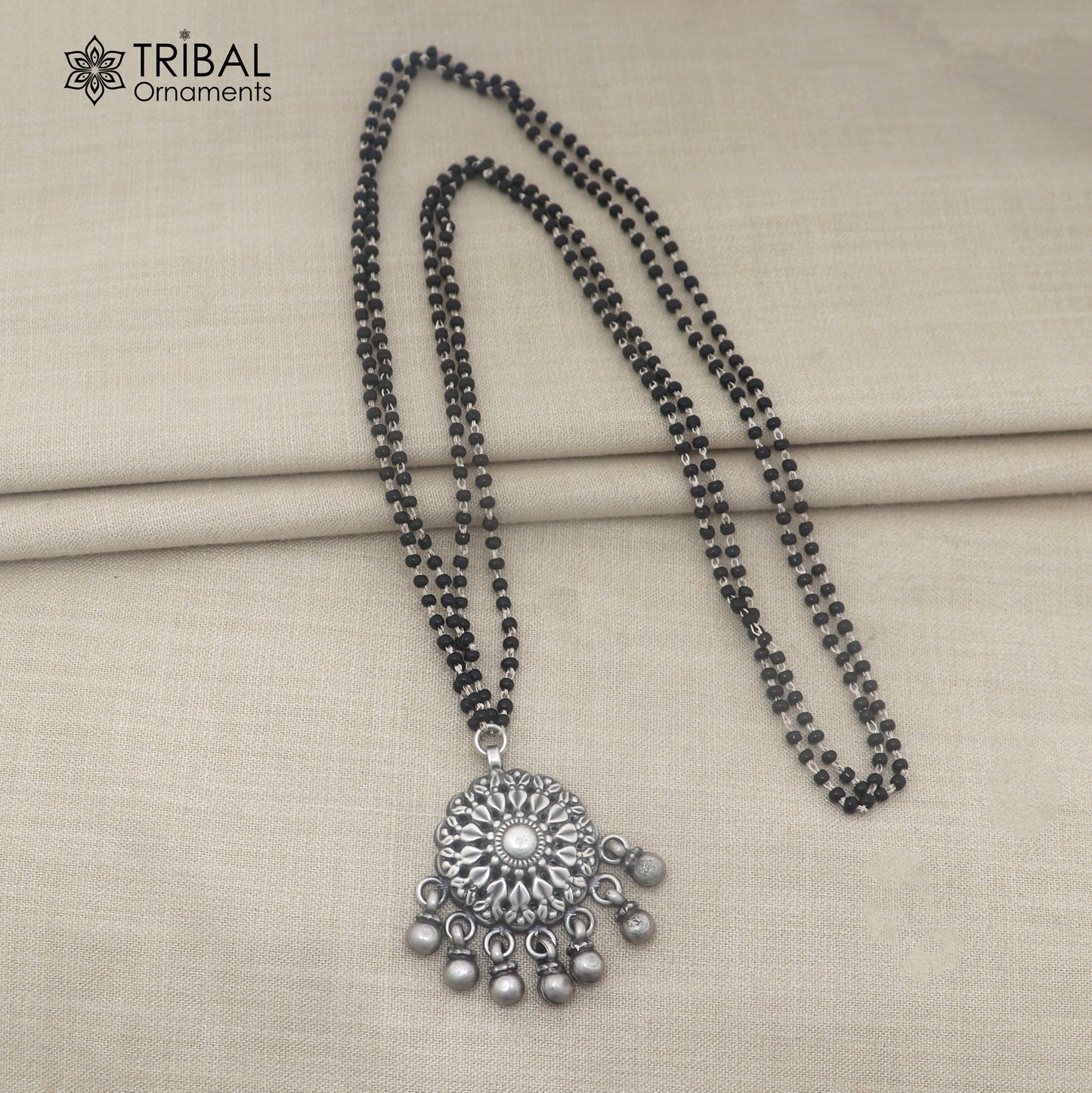 925 sterling silver vintage style pendant with black beads mangalsutra set912