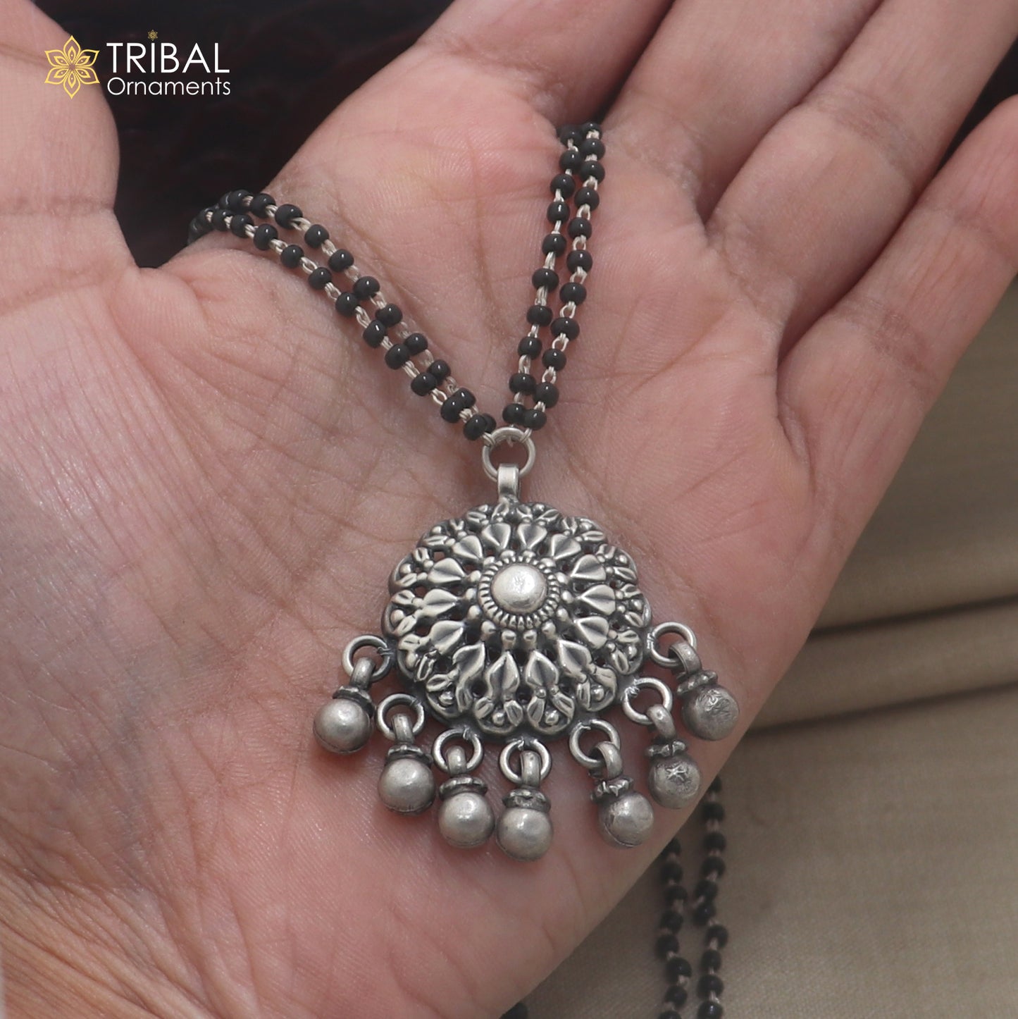 925 sterling silver vintage style pendant with black beads mangalsutra set912