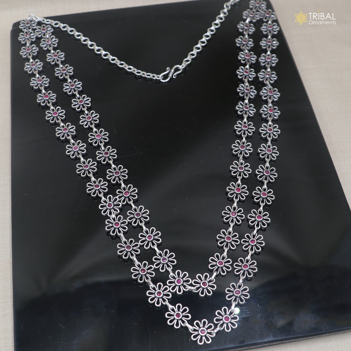 925 sterling silver floral style pink stone 2 line necklace set ethnic jewelry set914