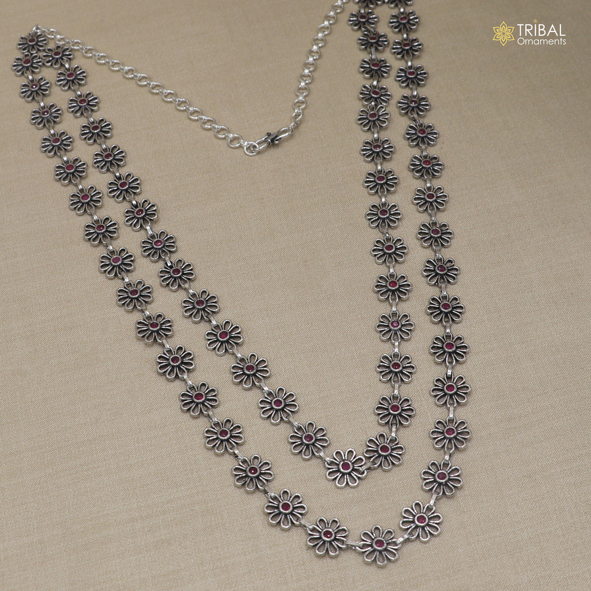 925 sterling silver floral style pink stone 2 line necklace set ethnic jewelry set914