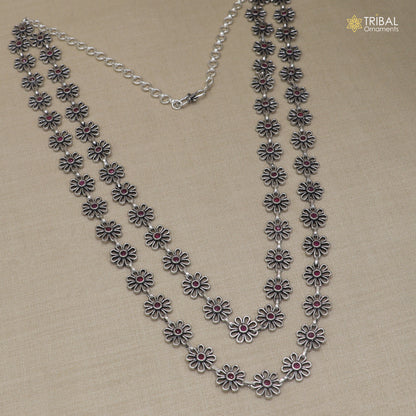 925 sterling silver floral style pink stone 2 line necklace set ethnic jewelry set914