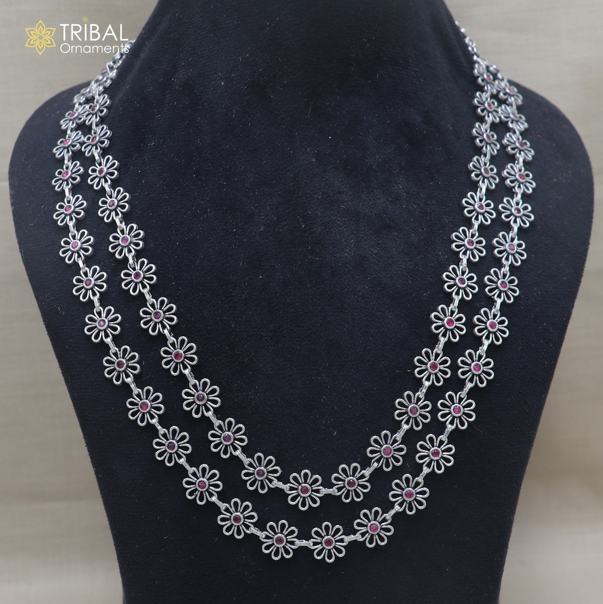 925 sterling silver floral style pink stone 2 line necklace set ethnic jewelry set914