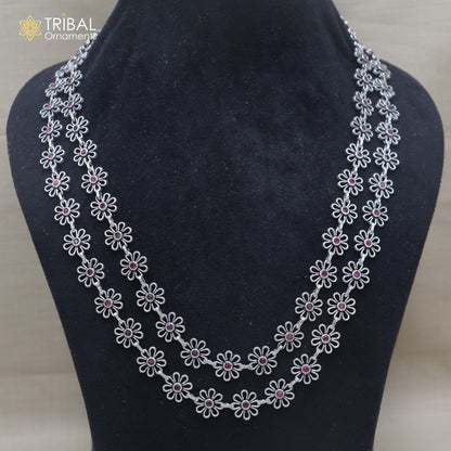 925 sterling silver floral style pink stone 2 line necklace set ethnic jewelry set914