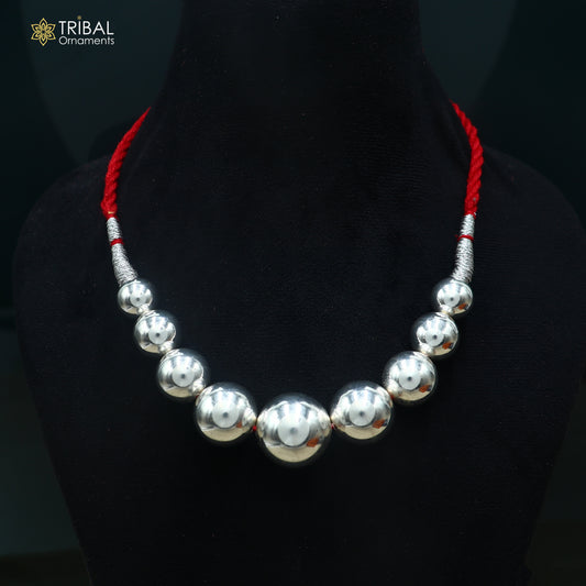 Sterling silver beads and red thread tribal charm necklace and adjustable choker jewelry set by TRIBAL ORNAMENTS