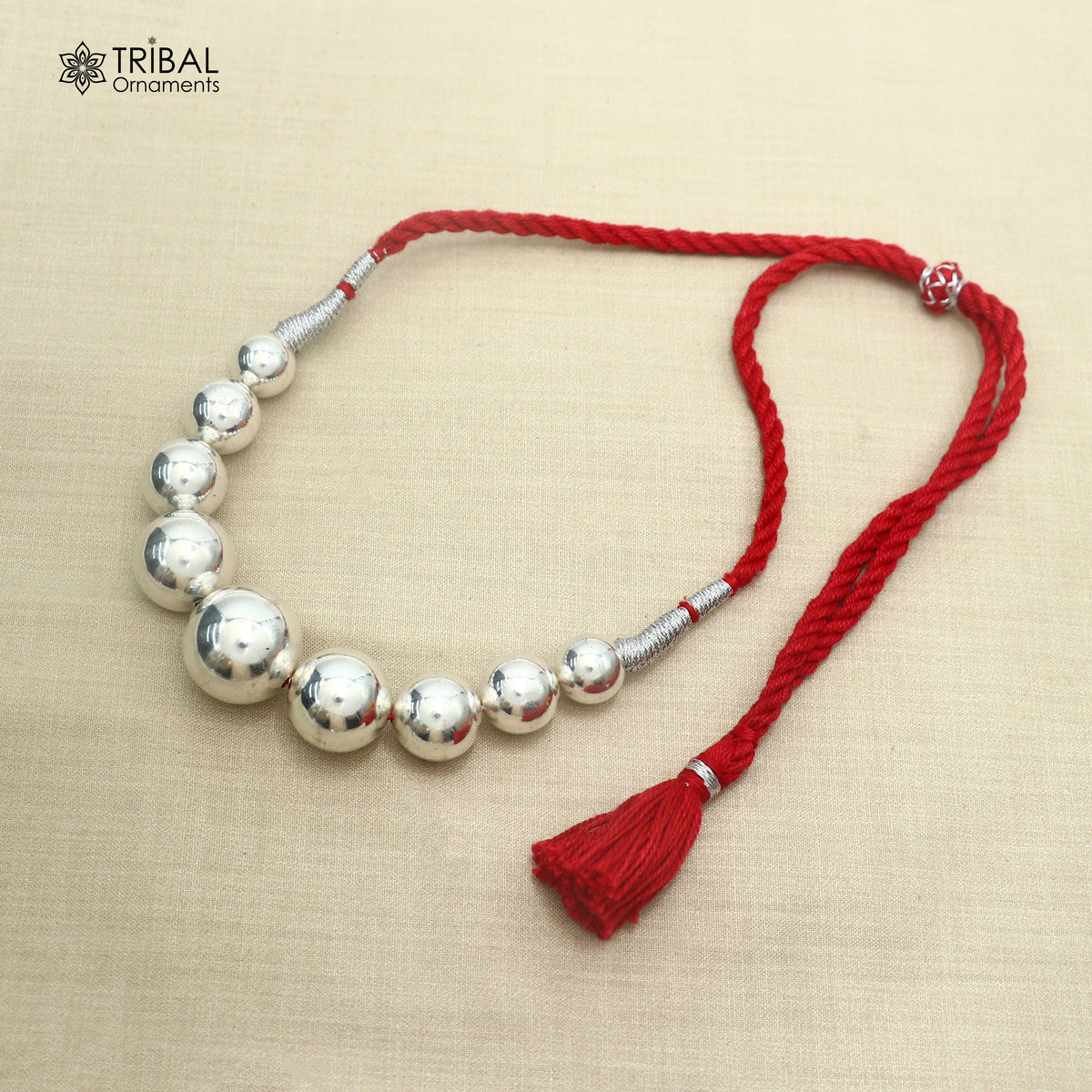 925 sterling silver beads red thread charm necklace, choker tribal brides adjustable jewelry set915