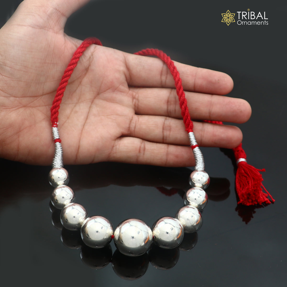 925 sterling silver beads red thread charm necklace, choker tribal brides adjustable jewelry set915