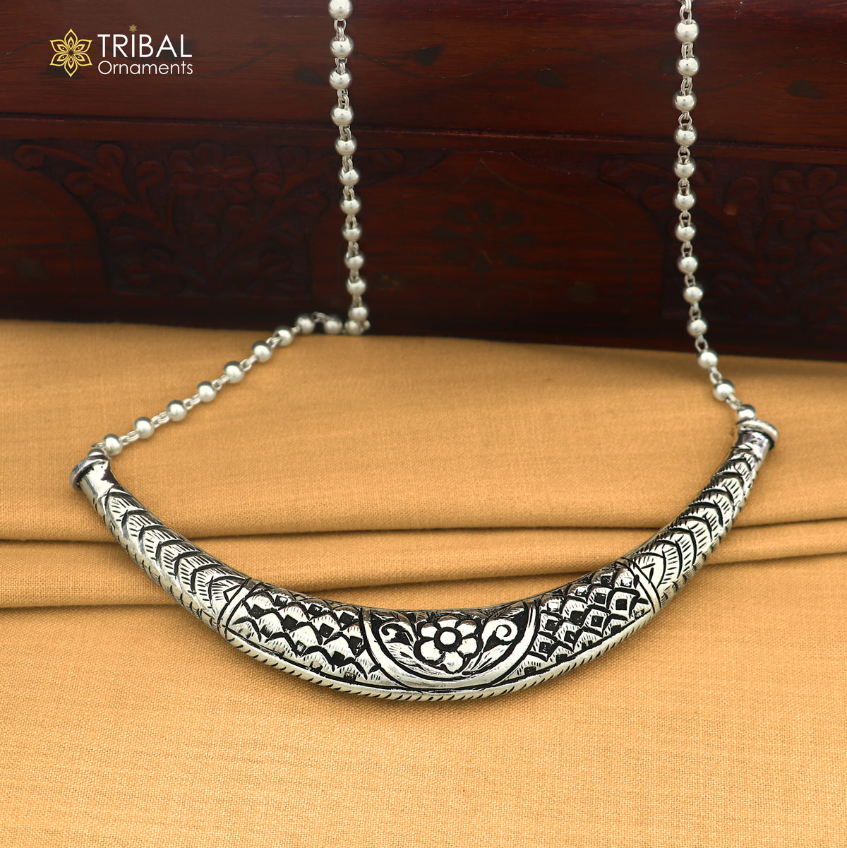 long Vintage traditional style 925 sterling silver beaded chain chitai necklace, choker tribal jewelry set916