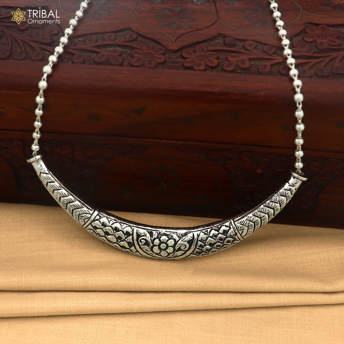 long Vintage traditional style 925 sterling silver beaded chain chitai necklace, choker tribal jewelry set916
