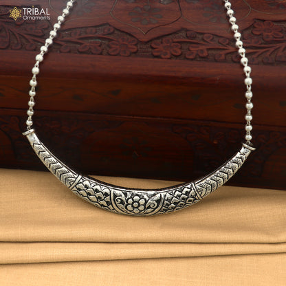 long Vintage traditional style 925 sterling silver beaded chain chitai necklace, choker tribal jewelry set916