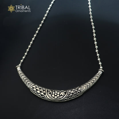 long Vintage traditional style 925 sterling silver beaded chain chitai necklace, choker tribal jewelry set916