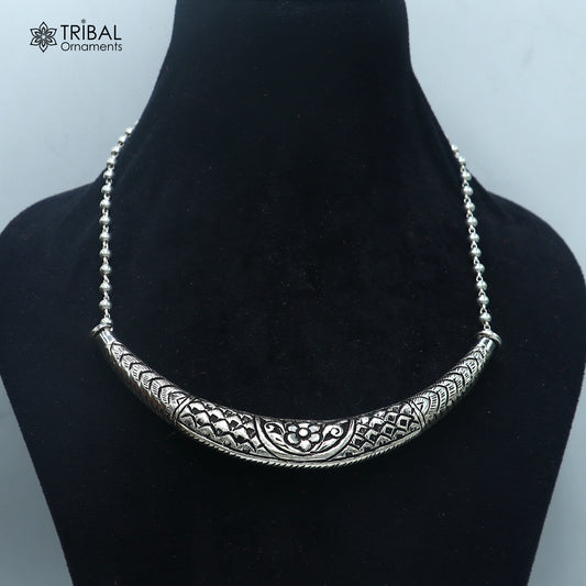 long Vintage traditional style 925 sterling silver beaded chain chitai necklace, choker tribal jewelry set916
