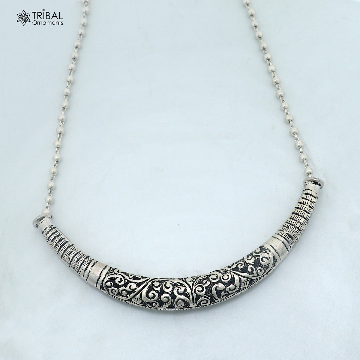 long Vintage traditional style 925 sterling silver beaded chain chitai necklace, choker tribal jewelry set918