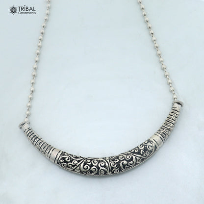 long Vintage traditional style 925 sterling silver beaded chain chitai necklace, choker tribal jewelry set918