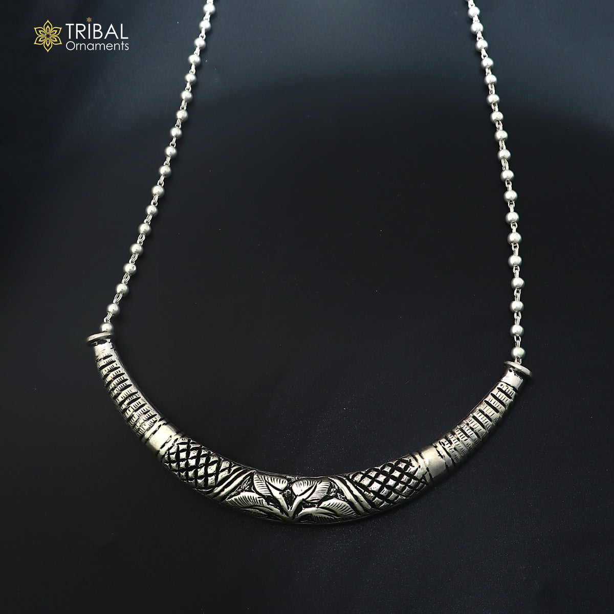 long Vintage traditional style 925 sterling silver beaded chain chitai necklace, choker tribal jewelry set918