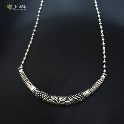 long Vintage traditional style 925 sterling silver beaded chain chitai necklace, choker tribal jewelry set918