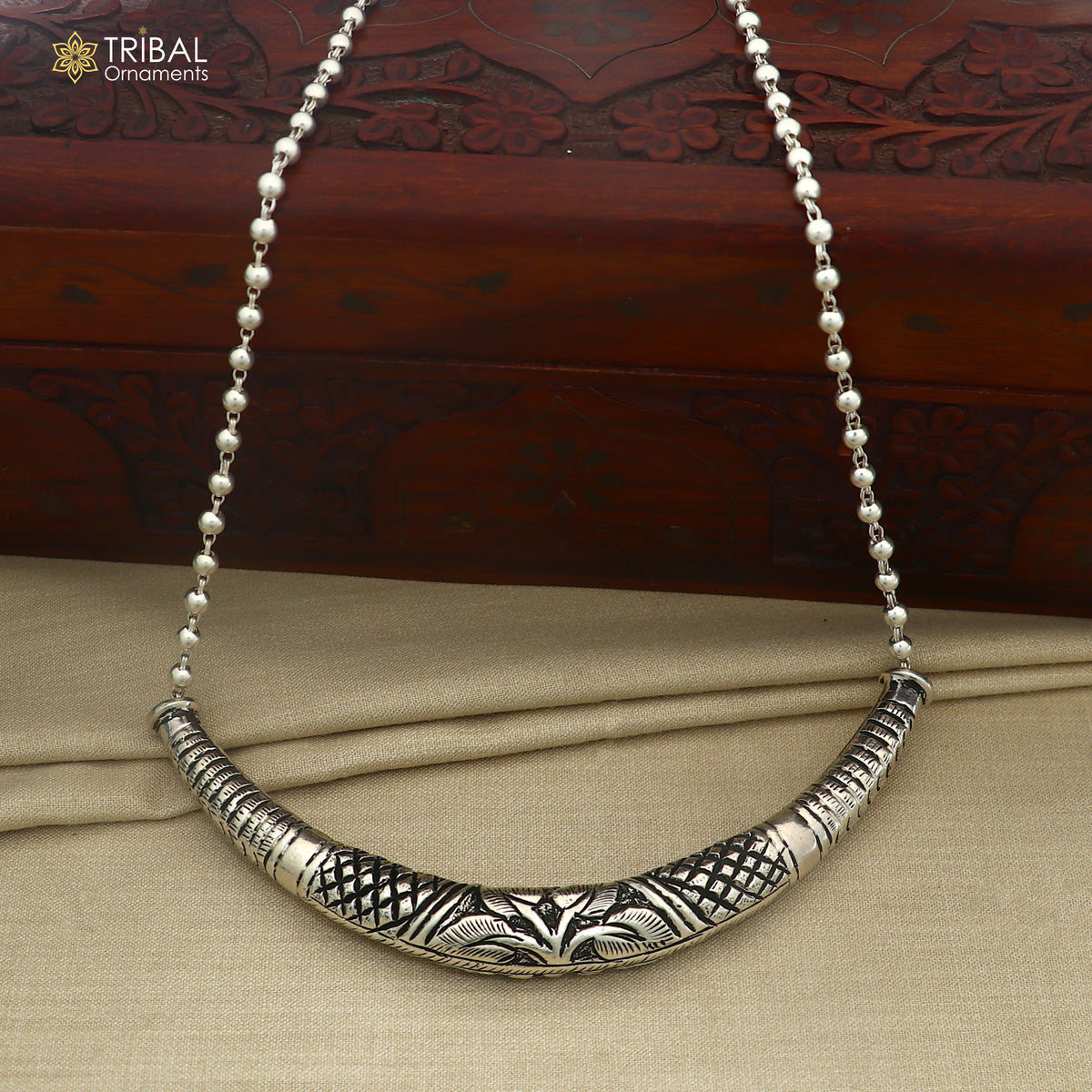 long Vintage traditional style 925 sterling silver beaded chain chitai necklace, choker tribal jewelry set918