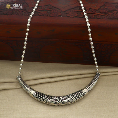 long Vintage traditional style 925 sterling silver beaded chain chitai necklace, choker tribal jewelry set918