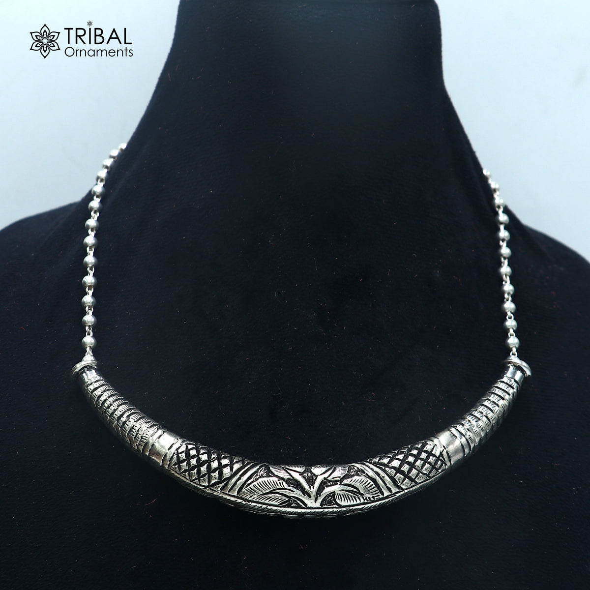 long Vintage traditional style 925 sterling silver beaded chain chitai necklace, choker tribal jewelry set918