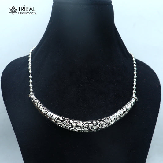 long Vintage traditional style 925 sterling silver beaded chain chitai necklace, choker tribal jewelry set919