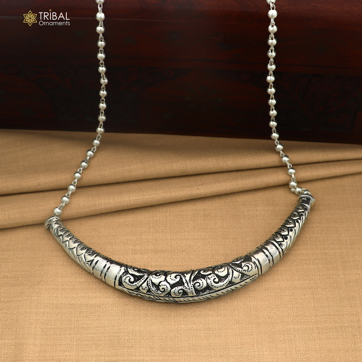 long Vintage traditional style 925 sterling silver beaded chain chitai necklace, choker tribal jewelry set919
