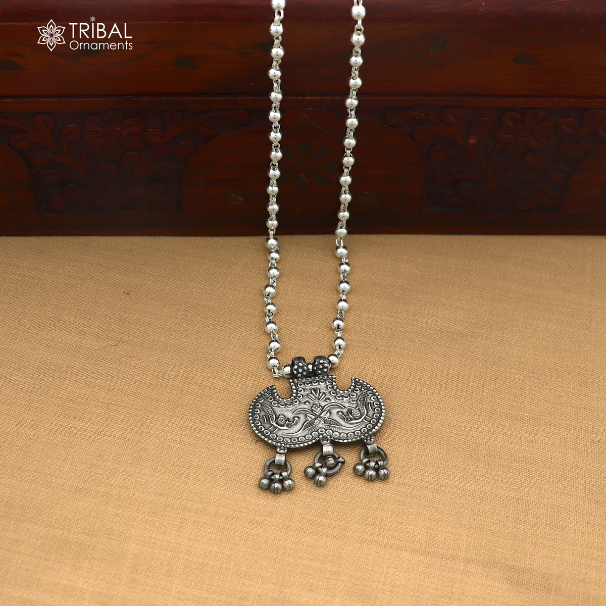 long Vintage traditional style 925 sterling silver beaded chain peacock necklace, choker tribal jewelry set922