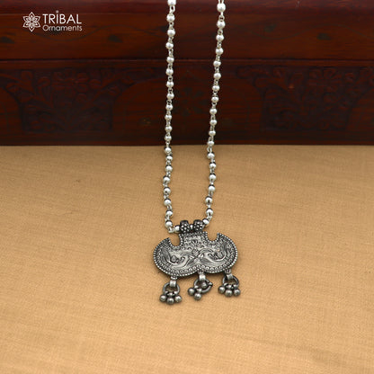 long Vintage traditional style 925 sterling silver beaded chain peacock necklace, choker tribal jewelry set922
