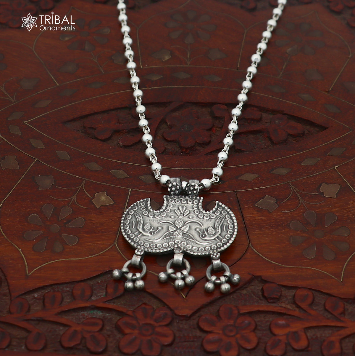 long Vintage traditional style 925 sterling silver beaded chain peacock necklace, choker tribal jewelry set922