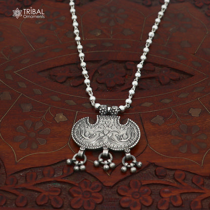 long Vintage traditional style 925 sterling silver beaded chain peacock necklace, choker tribal jewelry set922