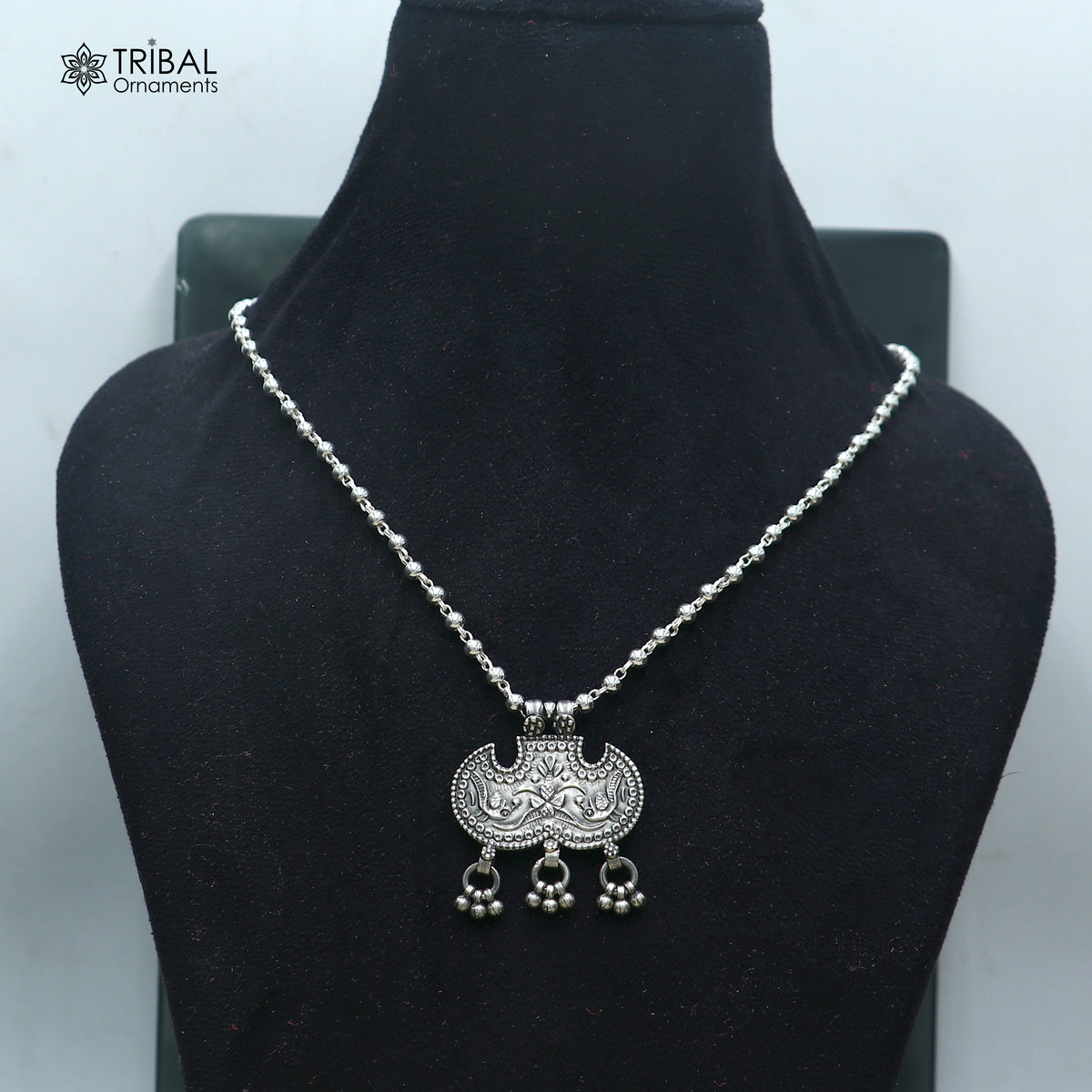 long Vintage traditional style 925 sterling silver beaded chain peacock necklace, choker tribal jewelry set922