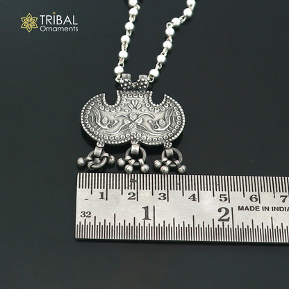 long Vintage traditional style 925 sterling silver beaded chain peacock necklace, choker tribal jewelry set922