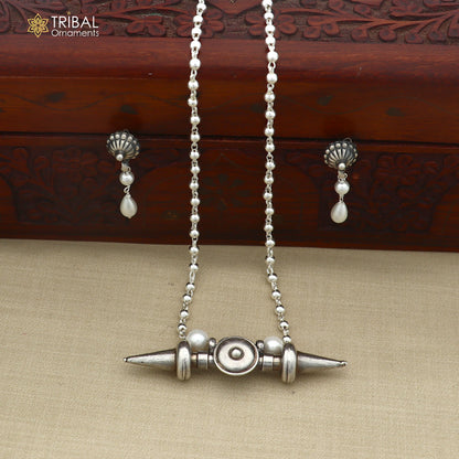 long Vintage traditional  925 sterling silver beaded chain amulet necklace set, choker tribal jewelry set923