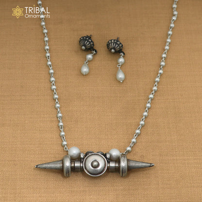 long Vintage traditional  925 sterling silver beaded chain amulet necklace set, choker tribal jewelry set923