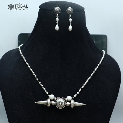 long Vintage traditional  925 sterling silver beaded chain amulet necklace set, choker tribal jewelry set923