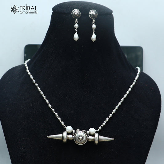 Vintage traditional 925 sterling silver beaded amulet necklace set with tribal-style choker and jewelry, featuring intricate beadwork.